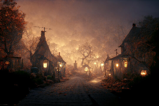 Night Autumn Misty Street with Ugly Huts in Ghost Village 3D Art Illustration. Spooky Mystical Old Small Town Halloween Fantasy Background. Mysterious Rural Witch Hovels AI Generated Art Wallpaper