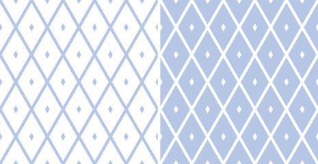 Seamless Geometric Diamonds Patterns. Blue and White Textures Set.