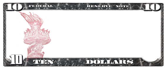 10 US dollar banknote with empty transparent middle area