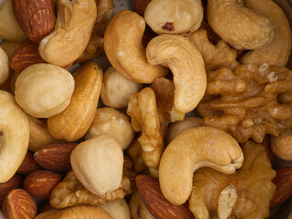 Many different nuts closeup. View from above