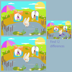 in the funny Rabbits on the Grass rebus for children up to 8 years old, find 12 differences