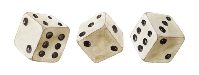 Three vintage watercolor dices on white background