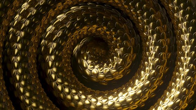 seamless 3d animation, abstract background with golden snake spiral, shiny metallic dragon scales texture