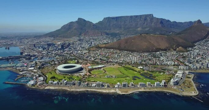 Aerial View to the Capetown City Center with the Stadium and Green Hills, South Africa