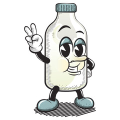cartoon vector vintage illustration of cute and cool bottle character raising a peace sign