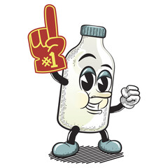 cartoon vector vintage illustration of cute bottle character brandishing number one with foam finger