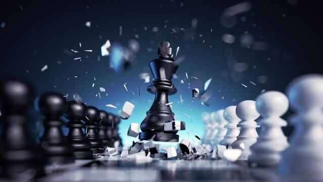 3d animation, chess game. Black king chess piece brakes through the chessboard. Business presentation, leadership concept