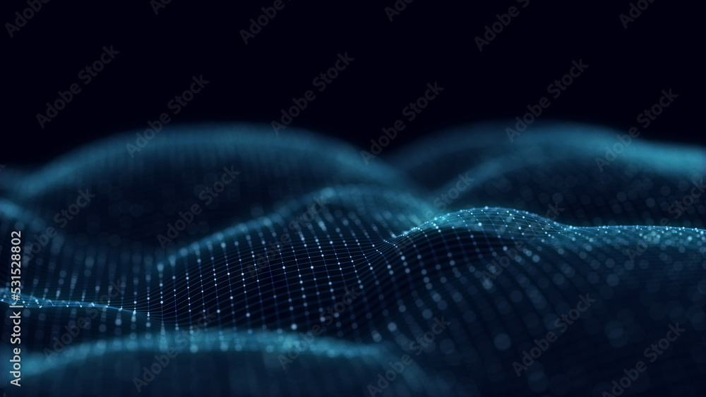 Poster Digital dynamic cyber wave. Abstract futuristic background with dots and lines. Big data visualization. 3D rendering.