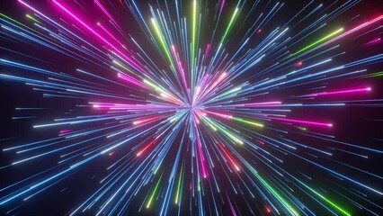 3d animation, abstract cosmic background with colorful firework, glowing lines, laser rays and falling stars. Big bang concept - Powered by Adobe