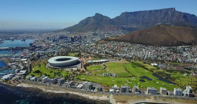 Aerial View to the Capetown City Center with the Stadium and Green Hills, South Africa