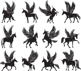 silhouette set of unicorns on white background vector