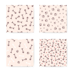 Pets set of seamless patterns with cat paw prints, fish skeleton and bone