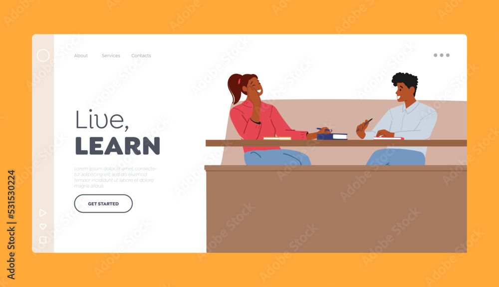 Poster students characters on lecture in university hall landing page template. class or auditorium with yo