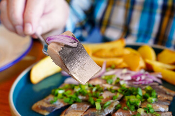 A piece of herring close-up. Man's hand holding a fork with herring over a plate - 531530428