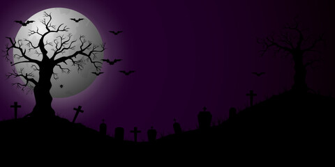 Halloween background. The full moon and bats on a violet background. Night sky.Halloween design. Vector illustration