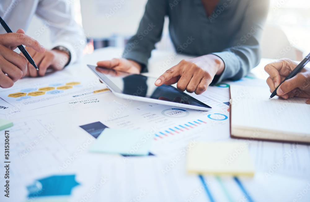 Poster business people, digital marketing and tablet in meeting with data paper, kpi documents and target a
