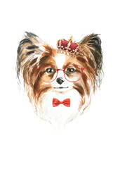 Watercolor papillon illustration, cute dog breed, hipster portrait,funny character, cartoon dog in costume,clothes, accessories, hat, poster, card, invite, print,printable, flyer,it's a boy,diy