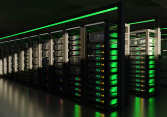 IT equipment. Electronic computing systems. Super computer concept. IT equipment glows neon green....