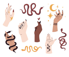 Set of magical attributes of halloween. Female hands with different skin colors, snakes and tattoos