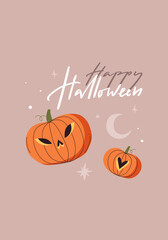 Card with lettering Happy Halloween. Two decorated pumpkins, Contemporary art