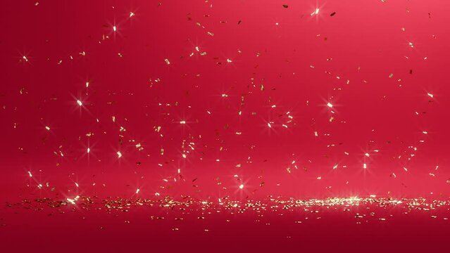 3d Christmas celebratory party popper animation, golden confetti fall down on red background, gold glitter particles