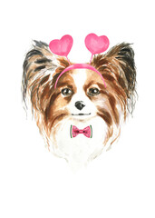 Watercolor papillon illustration, cute dog breed, hipster portrait,funny character, cartoon dog in costume,clothes, accessories, hat, poster, card, invite, print,printable, flyer,it's a boy,diy