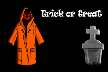 Halloween. Zombie in a raincoat and a grave on a black background.