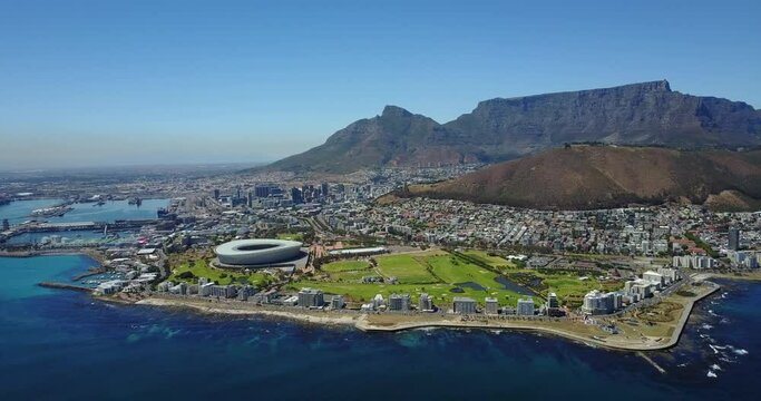 Aerial View to the Capetown City Center with the Stadium and Green Hills, South Africa