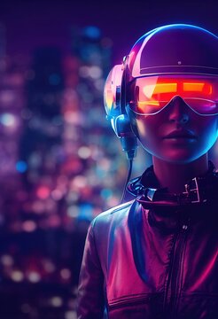 Portrait of a fictional futuristic female pilot in an aviation helmet and pilot's suit, against a background of neon lights. 3d rendering