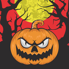 Halloween night background. Pumpkin and full moon. Vector retro banner.