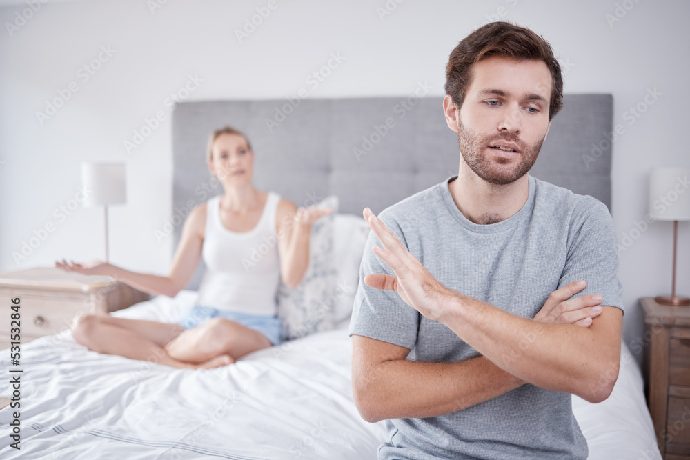 Wall mural Couple fight, sad divorce and angry communication in bedroom, stress about erectile dysfunction and mental health problem in home. Man and woman tired and frustrated in conversation about conflict