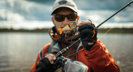 A fisherman shows a hard fishing lure. Fishing background.