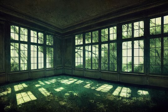 Abandoned mansion room decay 3d illustration render