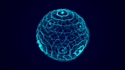 Abstract blue sphere with connecting dots and lines. Wireframe technology sphere. Big data visualization. 3d rendering.