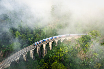 Aerial view with fog over the nine arches bridge Ella Sri Lanka