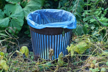 one brown plastic trash can with a blue plastic bag stands in green vegetation with leaves in nature
