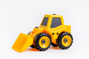  Kids background. Cute colorful background. Tractor car toy yellow in cartoon style on yellow background.