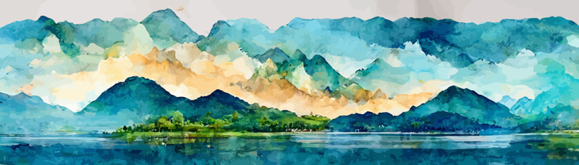 landscape background with mountains and hills in watercolor style - obrazy, fototapety, plakaty