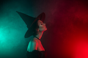 Profile side photo of frightening lady magician enjoy full moon light occult spell on gradient colors background