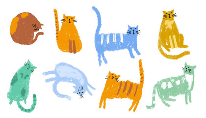 A set of cute funny cats in different poses. Multicolored cats drawn in pencil or chalk on a white background. Delicate shades. Cats sleep, walk, sit. Illustration in children's style