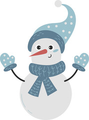 Cute happy snowman with knitted hat and scarf