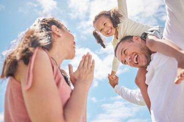 Family, play and love with child on shoulder of father against the blue sky for childhood, bond and...