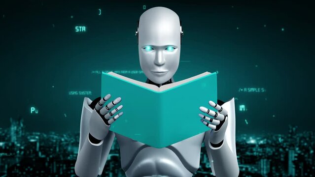 Futuristic robot artificial intelligence huminoid AI programming coding technology development and machine learning concept. Robotic bionic science research for future of human life. 3D rendering.