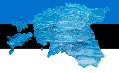 Outline map of Estonia with the image of the national flag. Ice inside the map. Vector illustration. Energy crisis.
