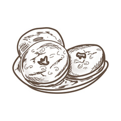 A plate with 3 donuts. Lineart. Vintage. Isolated on white. Hand drawing.