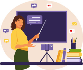 Online learning concept. Teacher at chalkboard, video lesson. Distance study at school. 