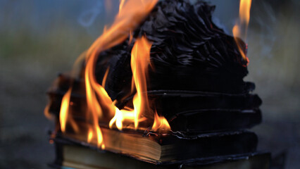 A stack of old books on fire burns on the ground