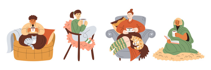 Set of smiling girls in warm clothes resting in armchairs, holding cups of warm drink, reading