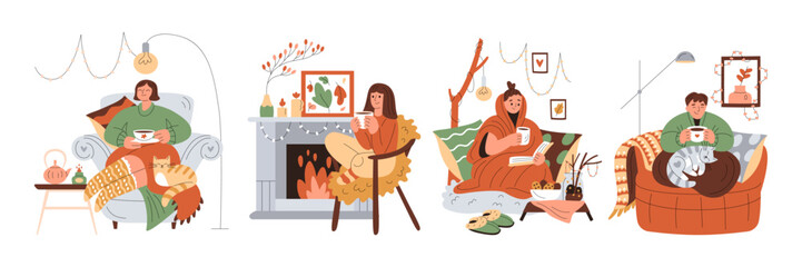 Set of smiling girls in warm clothes resting in armchairs, holding cups of warm drink