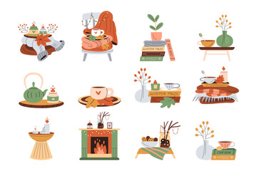 Collection of cute illustrations with burning candles, coffee, cacao, tea, knitted wool clothes and blankets, plants, books, fireplace